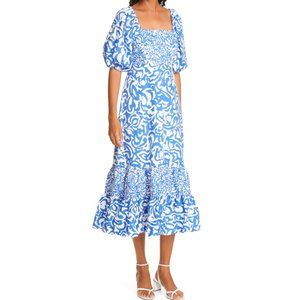 Tanya Taylor Blue and White Midi Dress
